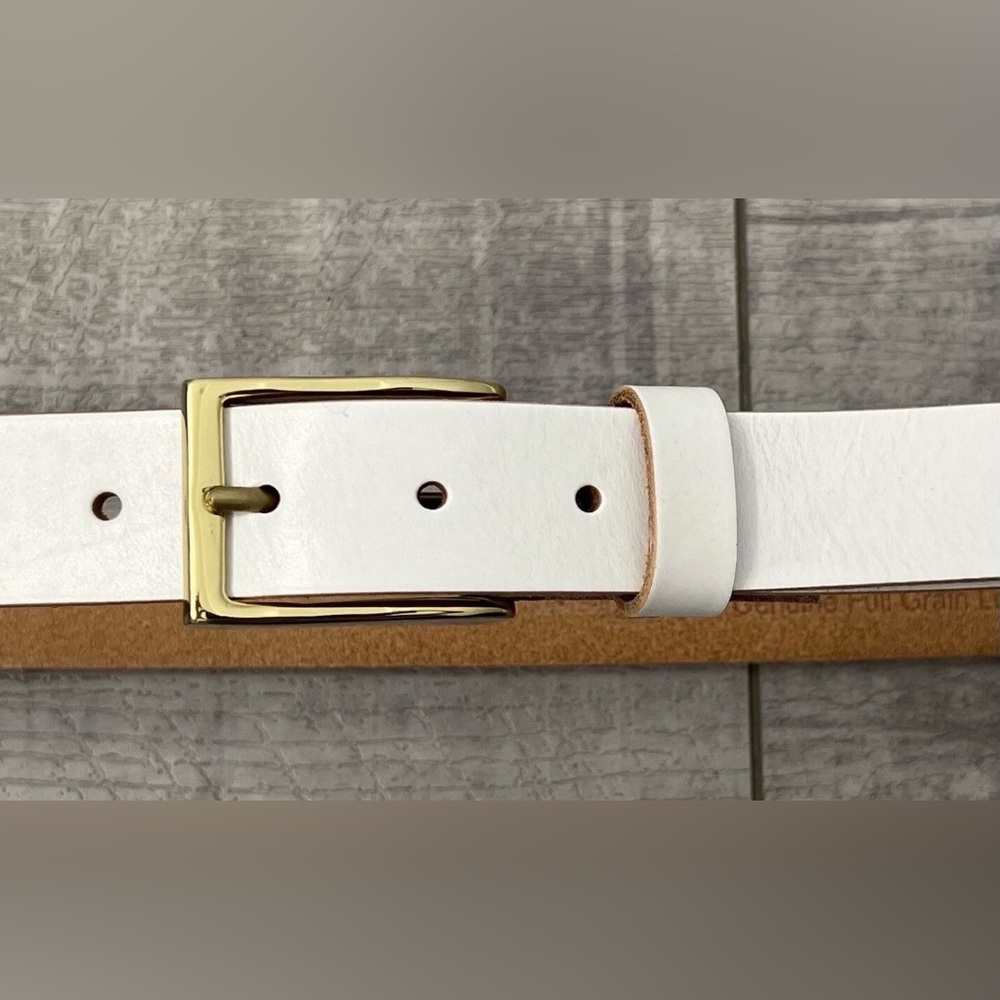 White Genuine Full Grain Leather Dress Belt 1-1/8" 30mm Wide Solid Brass Buckle
